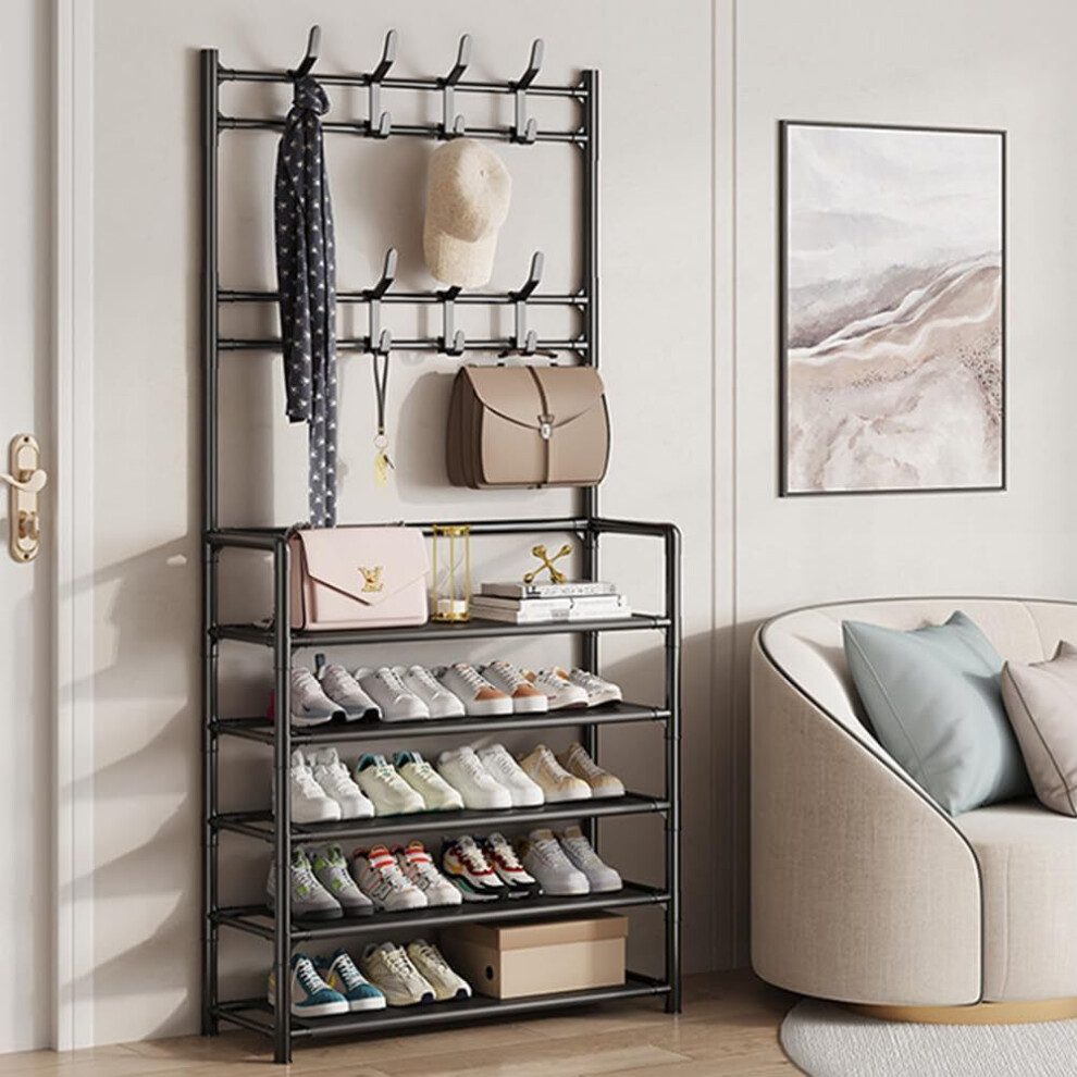 3 in 1 Coat and Hat & Shoes Stand 8 Hooks Metal Shoe Rack 5 Tiers Shelf Hanger