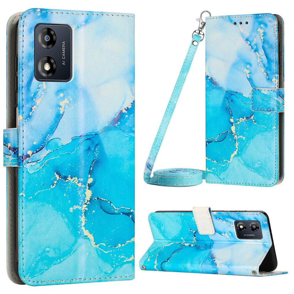 (Blue Green) For Motorola Moto E13 4g Marble Pattern Phone Leather Case Wallet Stand Cover With Shoulder Strap