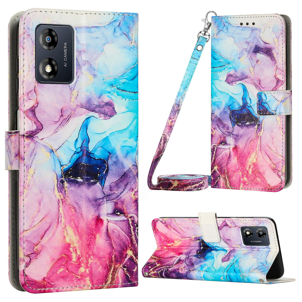 (Pink Purple) For Motorola Moto E13 4g Marble Pattern Phone Leather Case Wallet Stand Cover With Shoulder Strap