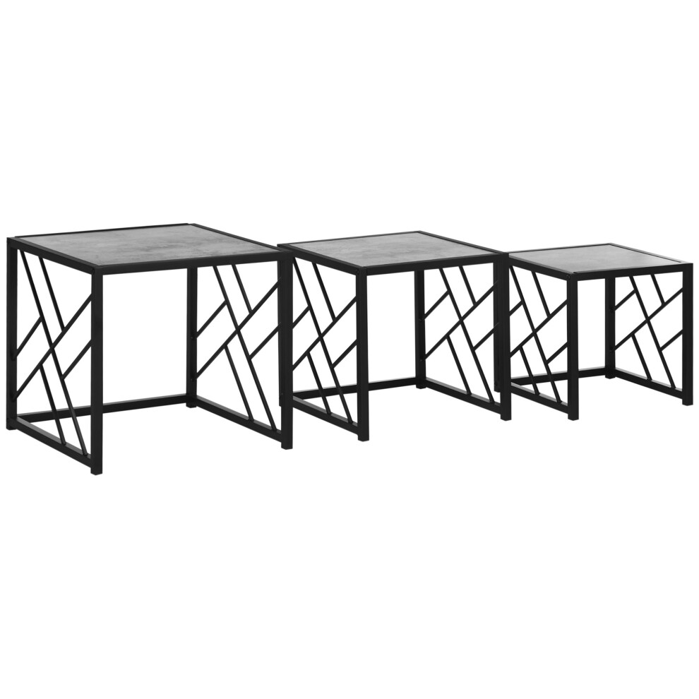 Homcom Set Of 3 Nesting Coffee Tables Square End Tables W/ Metal Frame, Grey Brown,Grey