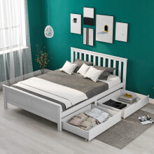 (Double, White) Solid Wood Bed Frame with Storage Drawers