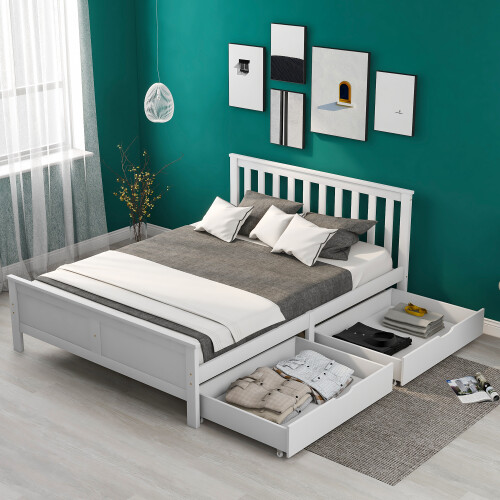 (Double, White) Solid Wood Bed Frame with Storage Drawers