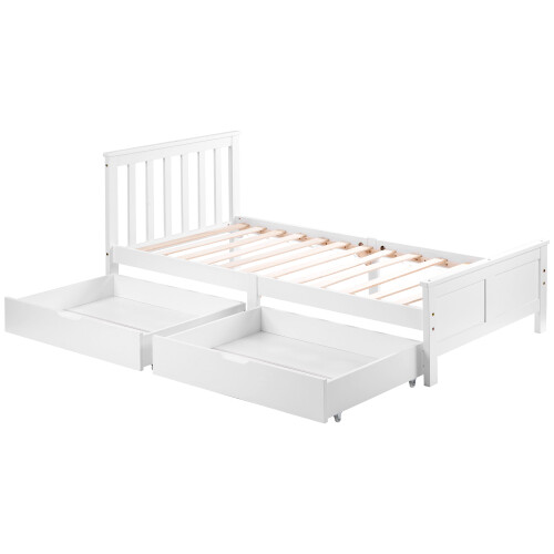 (Single, White) Solid Wood Bed Frame with Storage Drawers 2