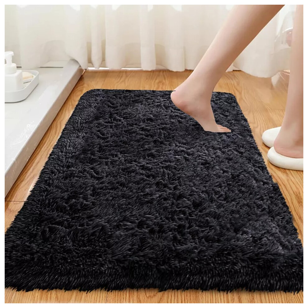 (60cm x 110cm (2ft x 3ft 7")_Bath Mat, Black) Non Slip Bath Mats Shaggy Door Mats & Runner Rugs