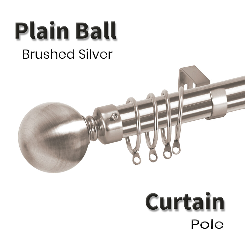 (120 x 210 cm (48'-83' in), Brushed Silver- Plain Ball) Curtain Poles Plain Metal Ball Adjustable Decorative Window Extendable Curtains Rod, 28 mm Diameter with 60mm Size Classic Finials, Rings, Brackets