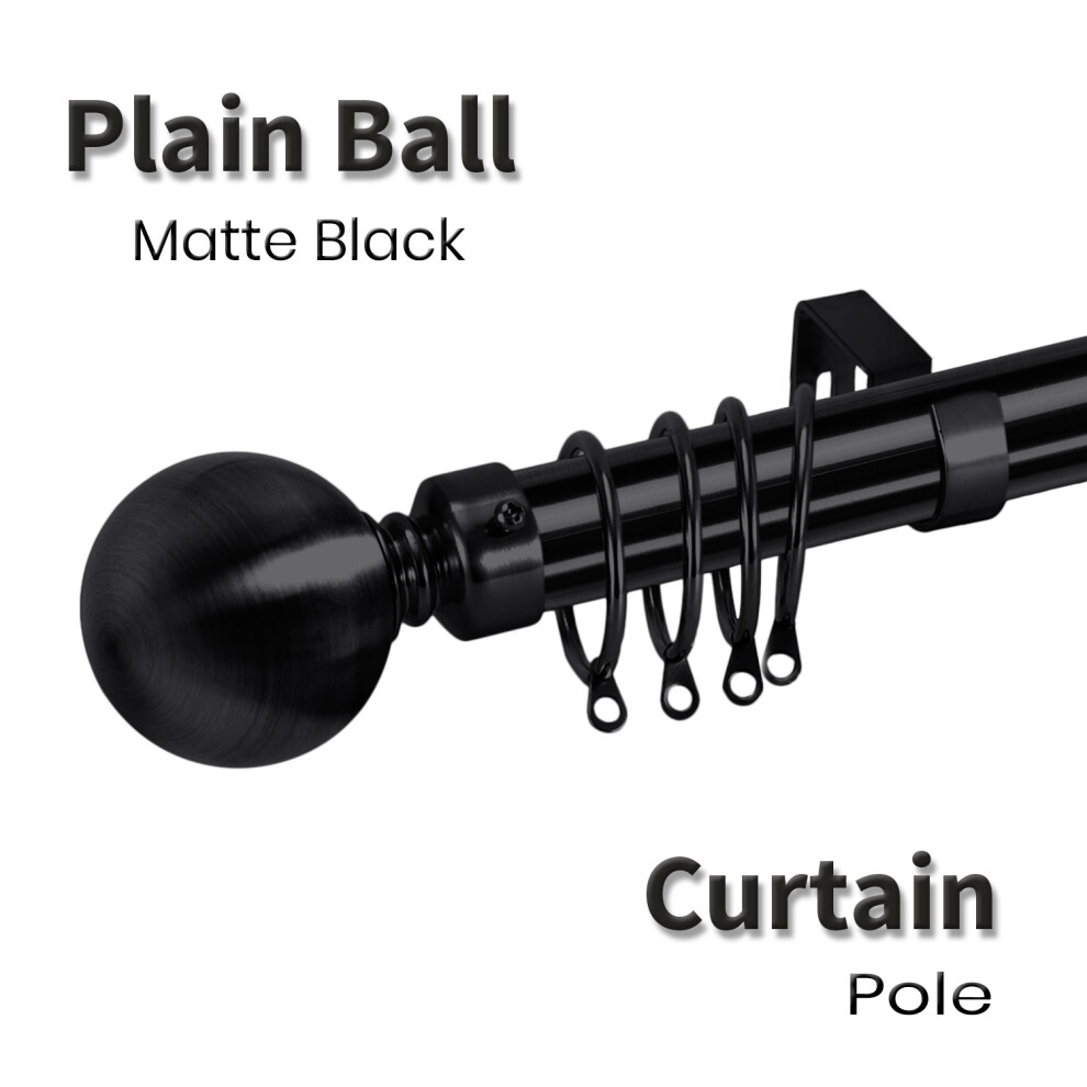 (120 x 210 cm (48'-83' in), Mat Black- Plain Ball) Heavy Extendable Metal Curtain Pole 28mm With Finials Rings Hooks Rod Fittings