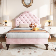 (Beige) Solid Wooden Bed Frame with Bookcase Headboard