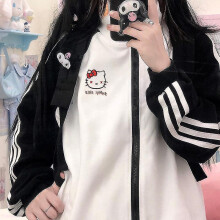 (Coat3) Sanrio Hello Kitty Kawaii Sports Casual Baseball Uniform Kuromi Cartoon Cute College Style Zipper Stand Collar Cardigan Jacket