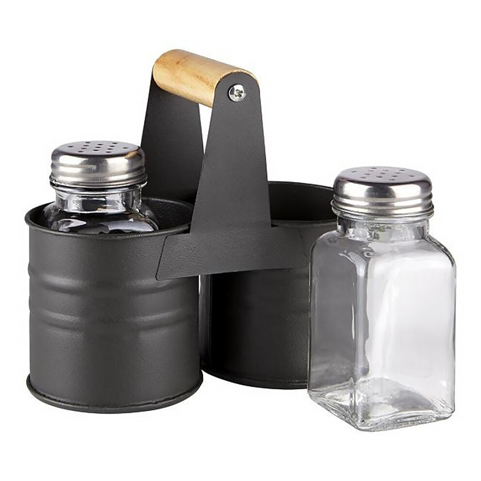GEEZY Glass Salt and Pepper Shaker Set with Metal Tin Storage Holder