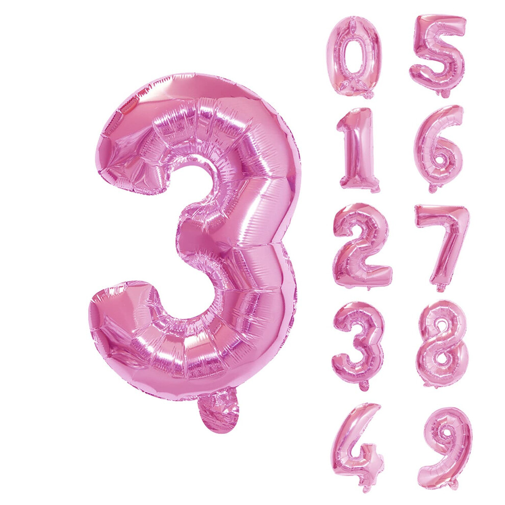 (Pink, Number 3) Number Balloons, 32 Inch Foil Balloon Self-Inflating Air Filled Small Foil Digit Balloon for Birthday Party Wedding Anniversary Celebration