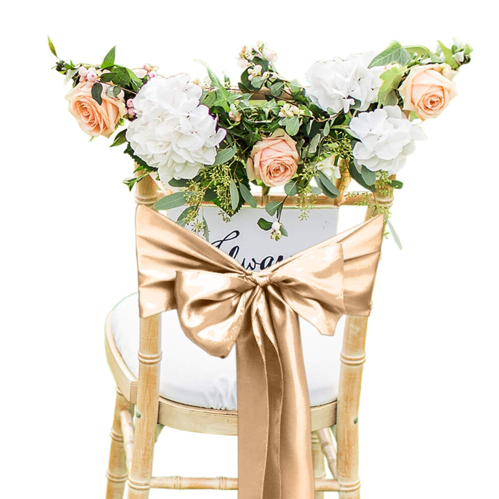 (Champagne, 50pcs) Satin Chair Sashes Bow Sash 1x108 Inch Chair Sash Wider Fuller Bows Chair Ties for Wedding Birthday Party Christmas Event Supplies Decoration