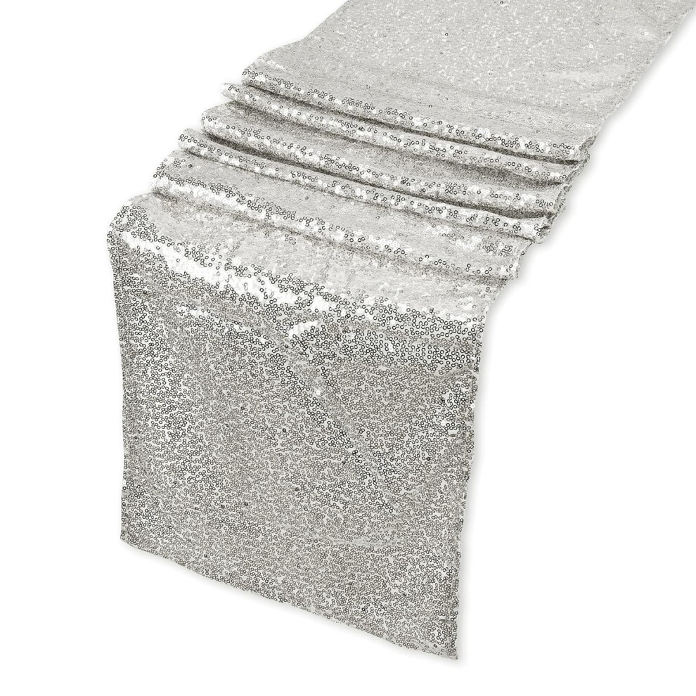 (Silver, 1pc) 11x108 Inch Shimmer Sequin Table Runner Glitter Table Runner Overlay Sequin Table Linen Fabric for Party Wedding Reception Banquet Table Decoration
