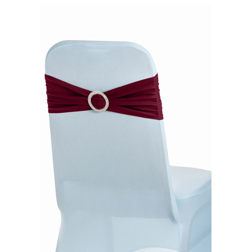 (Burgundy, 50pcs) Spandex Chair Band with Slider Buckle, Stretchy Fabric Chair Band Sash, Elastic Wedding Chair Cover Band, Chair Decoration Party, Reception, Banquet