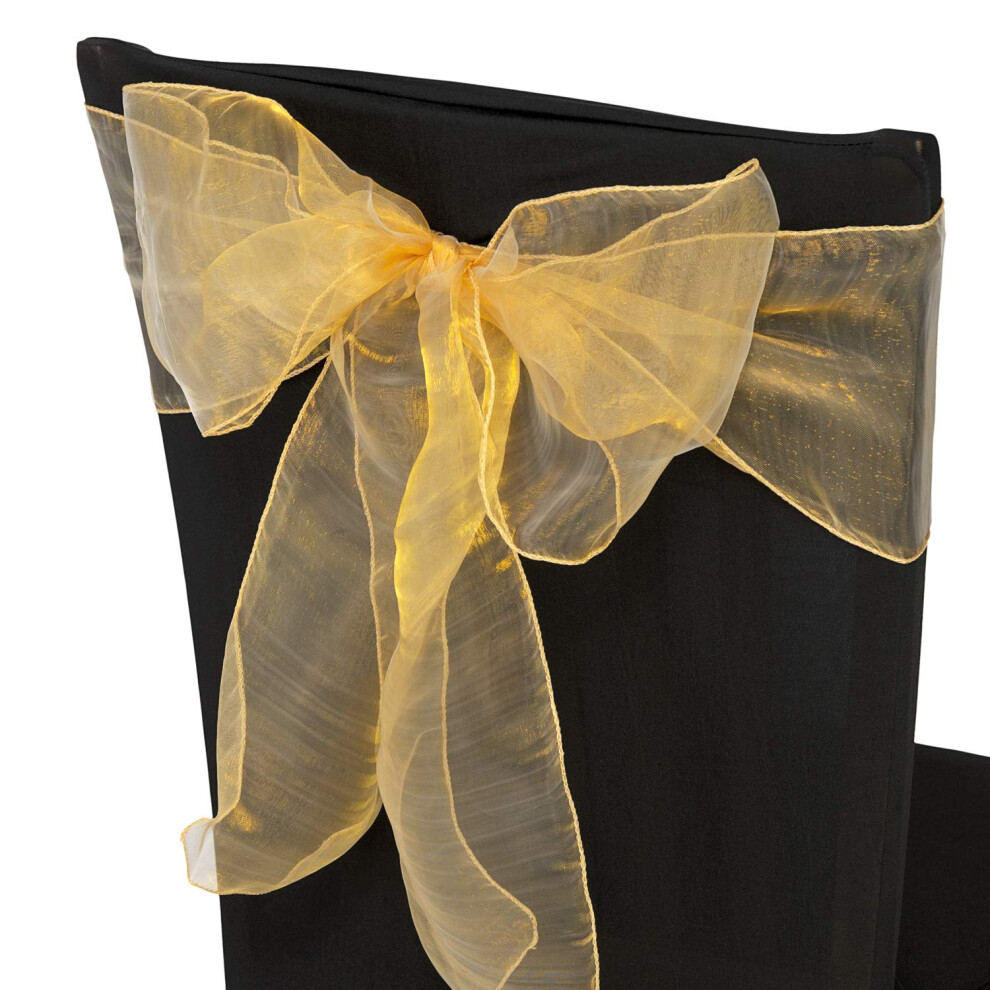 (Gold, 50pcs) Organza Sashes Wider Sash Fuller Bow Chair Cover Bow Sashes for Wedding, Birthday, Reception, Anniversary Party Decoration, 17x280cm