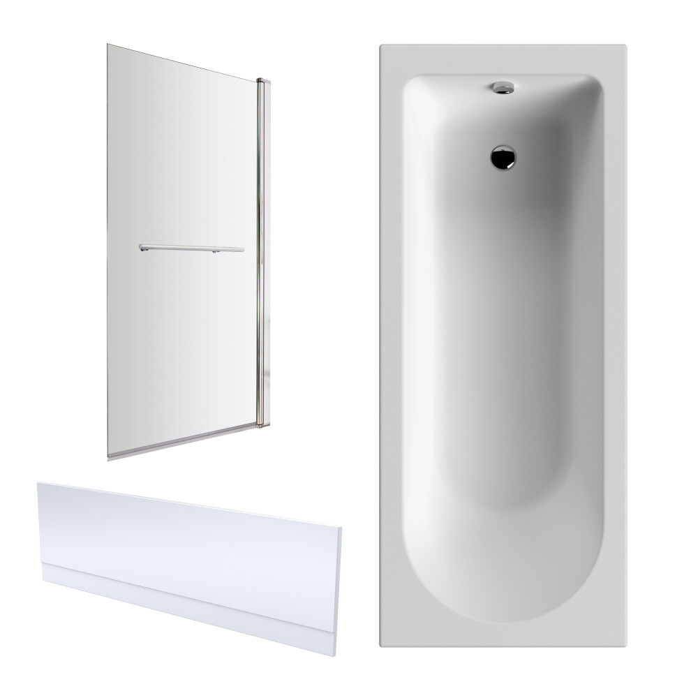 Round 1700mm Shower Bath Set – Front Panel & Chrome Rectangular Screen with Towel Rail