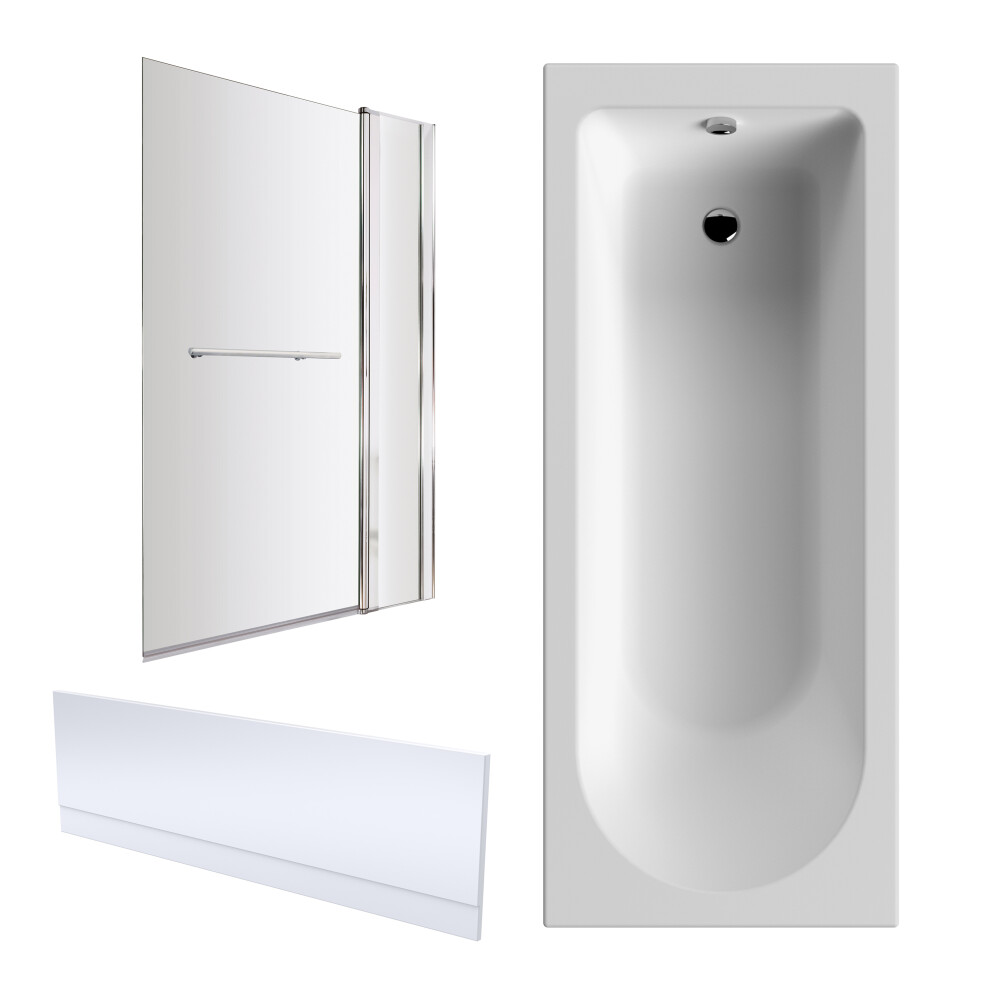 Round 1700mm Shower Bath Set – Front Panel & Chrome Rectangular Screen with Fixed Panel & Towel Rail