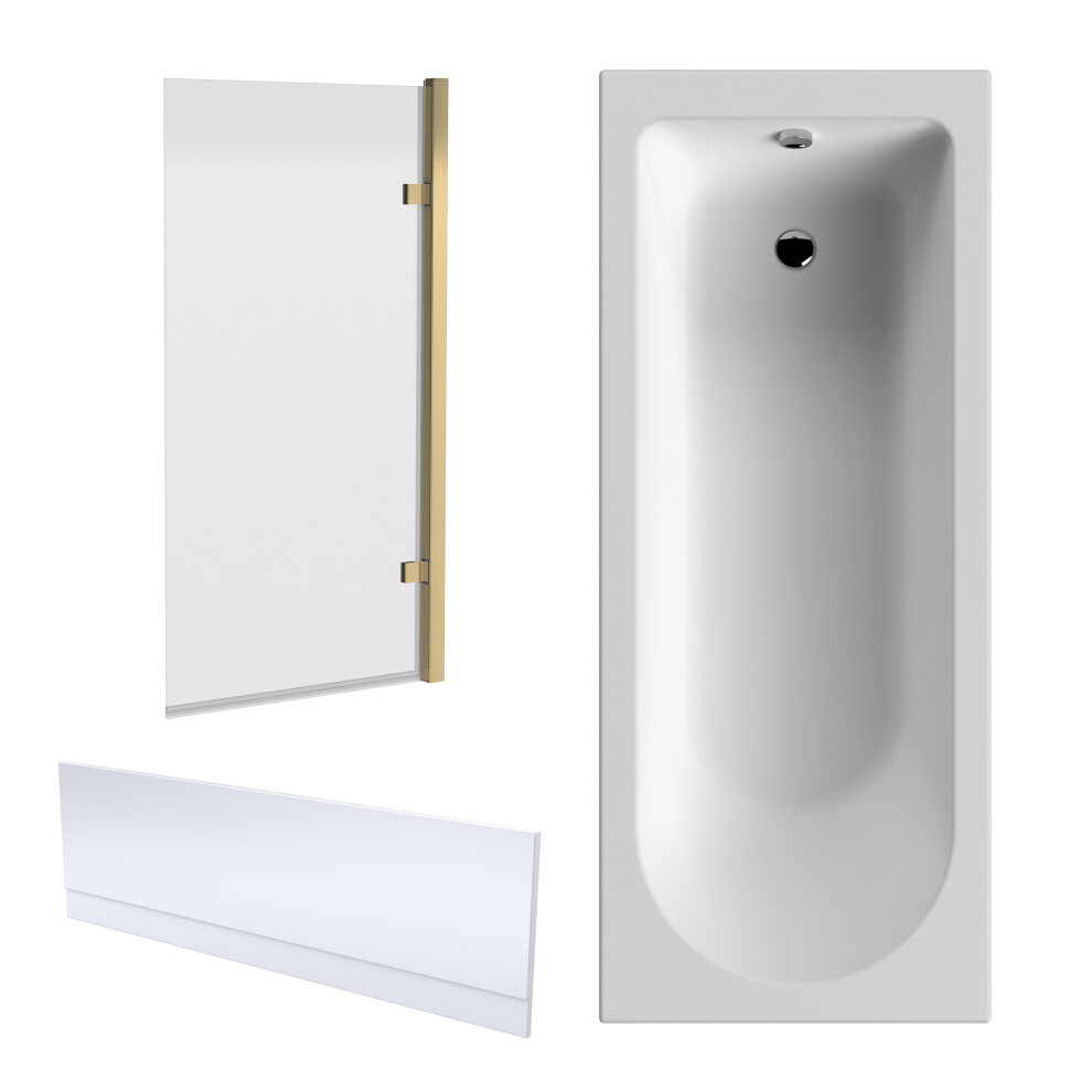 Shower Bath Bundle Single End Round Tub, Front Panel & Square Hinged Bath Screen, 1700mm x 700mm, Brushed Brass