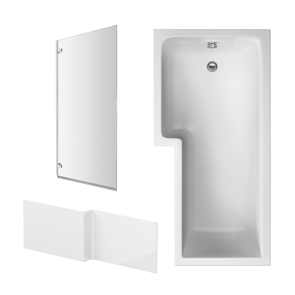 1700 mm L Shape Bathtub, Front Panel with Bath Screen - Chrome Profile