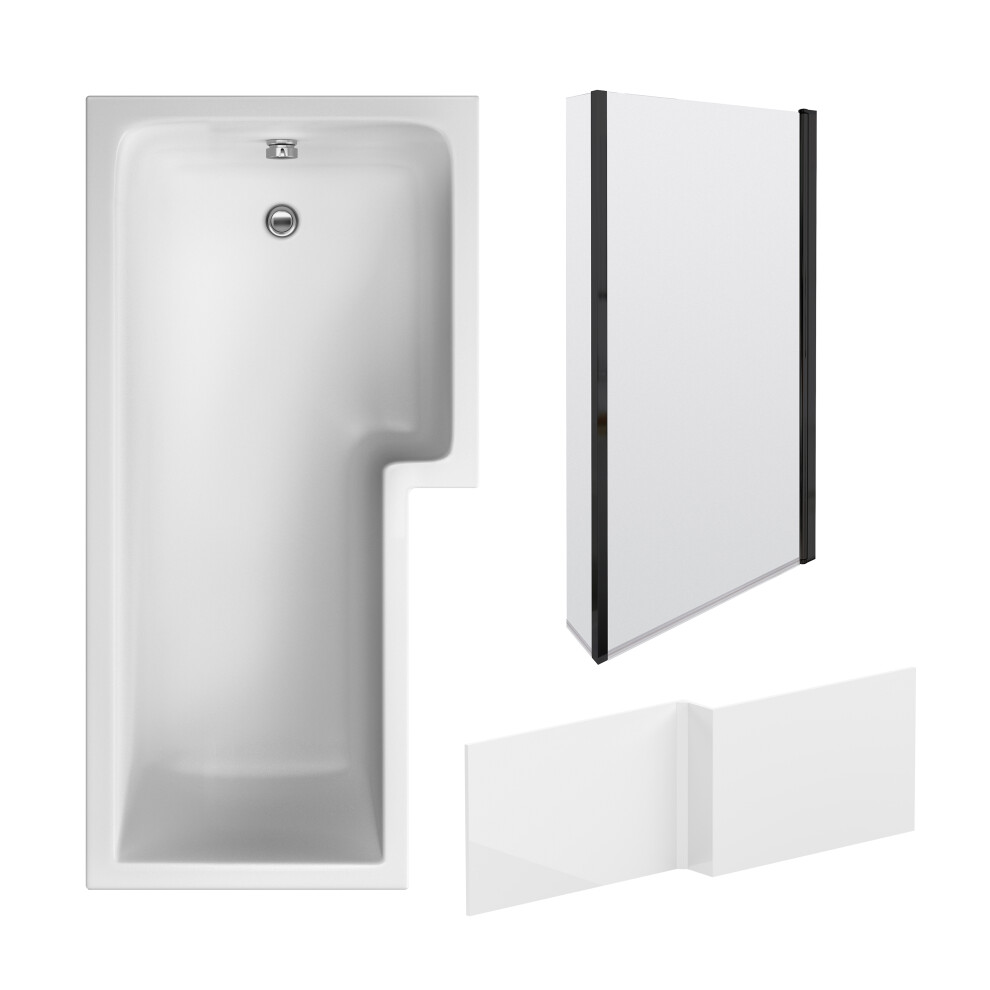 1700mm Right Hand L Shape Bathtub, Front Panel with Bath Screen - Satin Black Profile