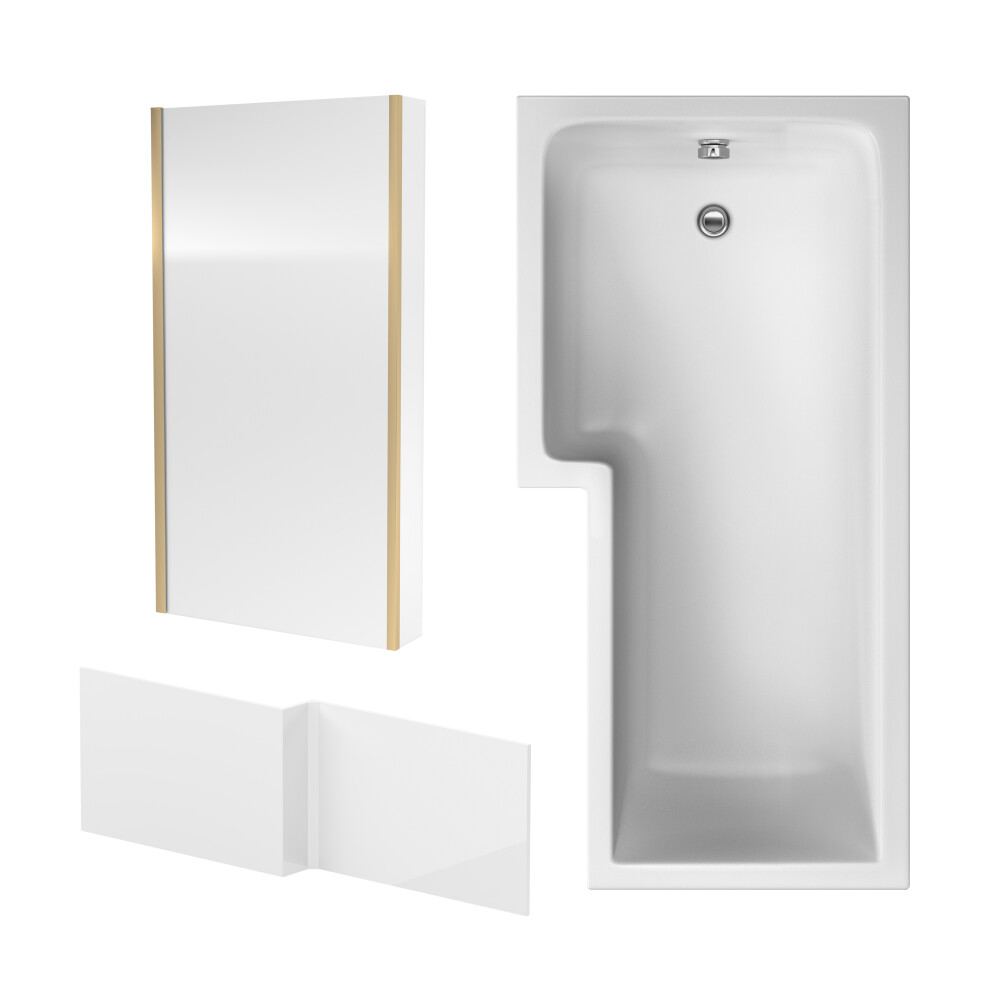 1700mm L Shape Bathtub, Front Panel and Fixed Screen - Brushed Brass