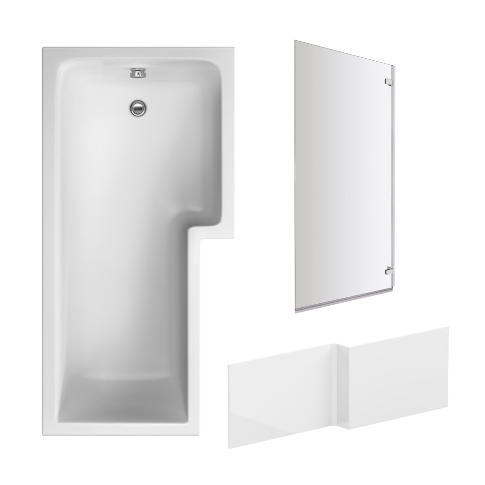 Round 1700 x 850mm Shower Bath Set – Front Panel & Chrome Square Hinge Screen, Right Hand