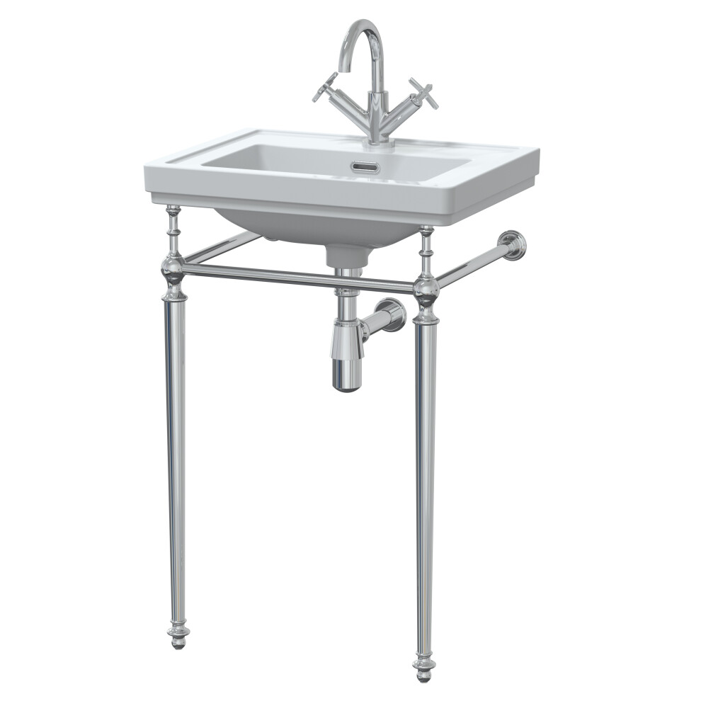 Traditional 1 Tap Hole Fireclay Basin with Luxury Wash Stand & Bottle Trap  - 500mm - Chrome