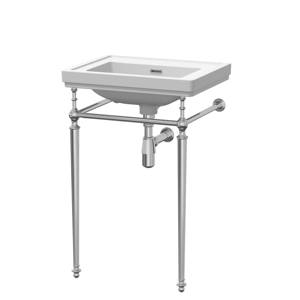 Traditional 0 Tap Hole Fireclay Basin with Luxury Wash Stand & Bottle Trap  - 500mm - Chrome