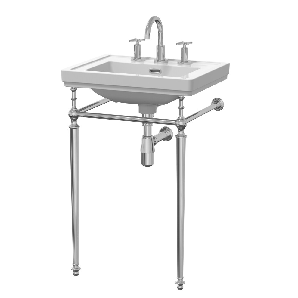 Traditional 3 Tap Hole Fireclay Basin with Luxury Wash Stand & Bottle Trap  - 500mm - Chrome