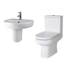 Vision Ceramic Bundle - Semi Flush to Wall Toilet Pan & Cistern, Soft Close Seat 500mm 1 Tap Hole Basin/Semi Pedestal - Balterley