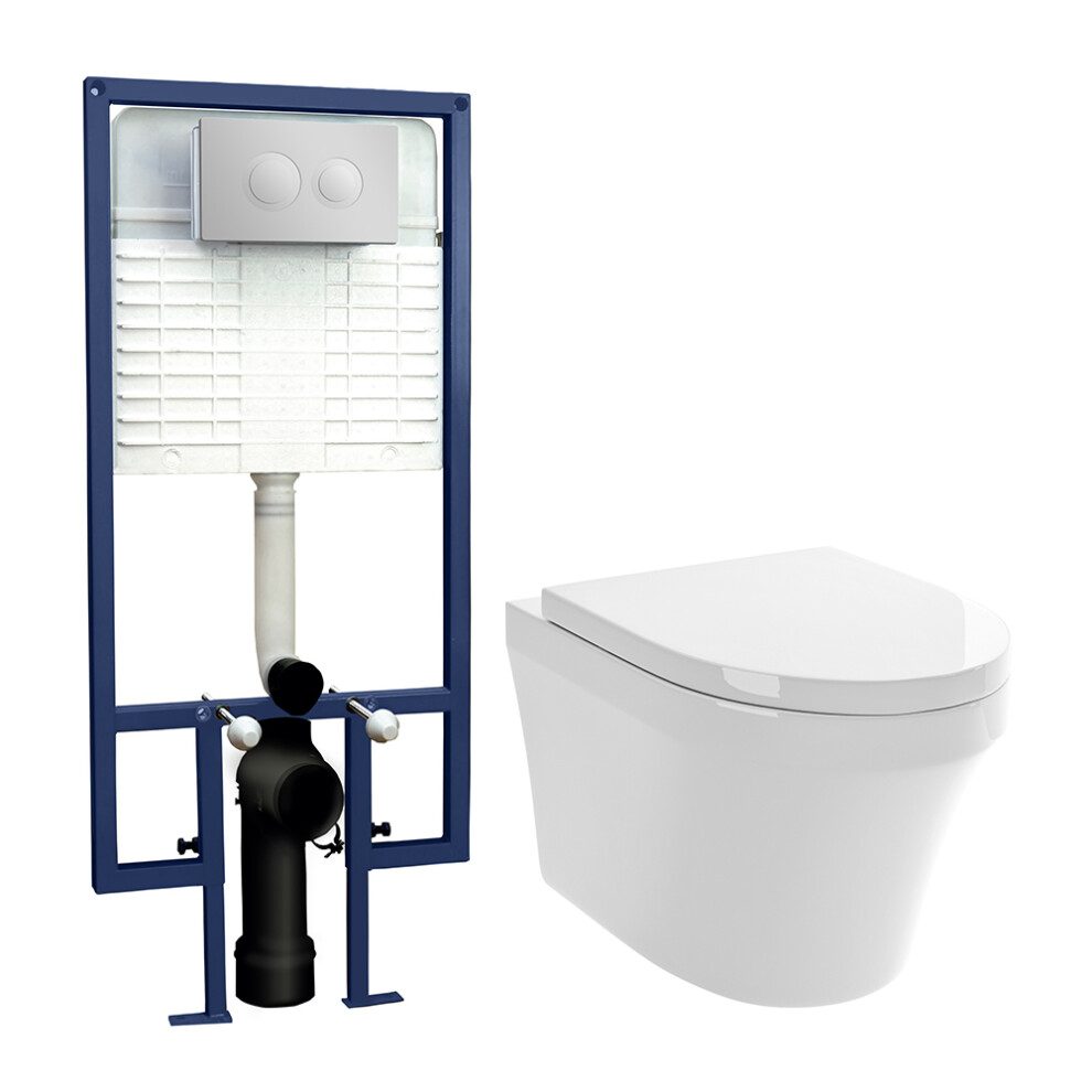 Mila Round Wall Hung Toilet Pan, Soft Close Seat & Concealed Cistern with Round Push Button Plate, 400mm - Balterley