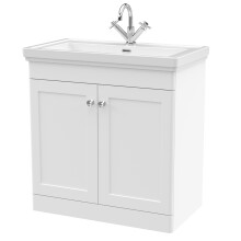 Traditional Floor Standing 2 Door Vanity Unit with 1 Tap Hole Fireclay Basin, 800mm - Satin White