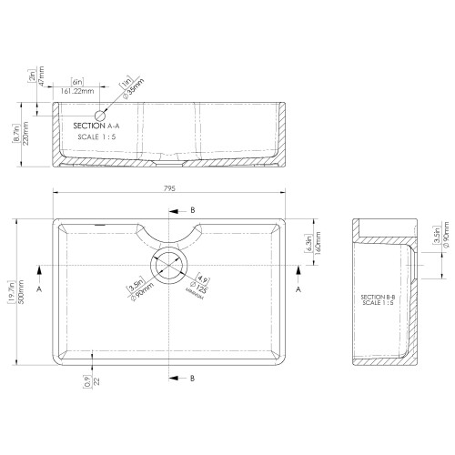 Balterley 795mm - Single Bowl Butler Kitchen Sink - with Tap Ledge,  Overflow 1