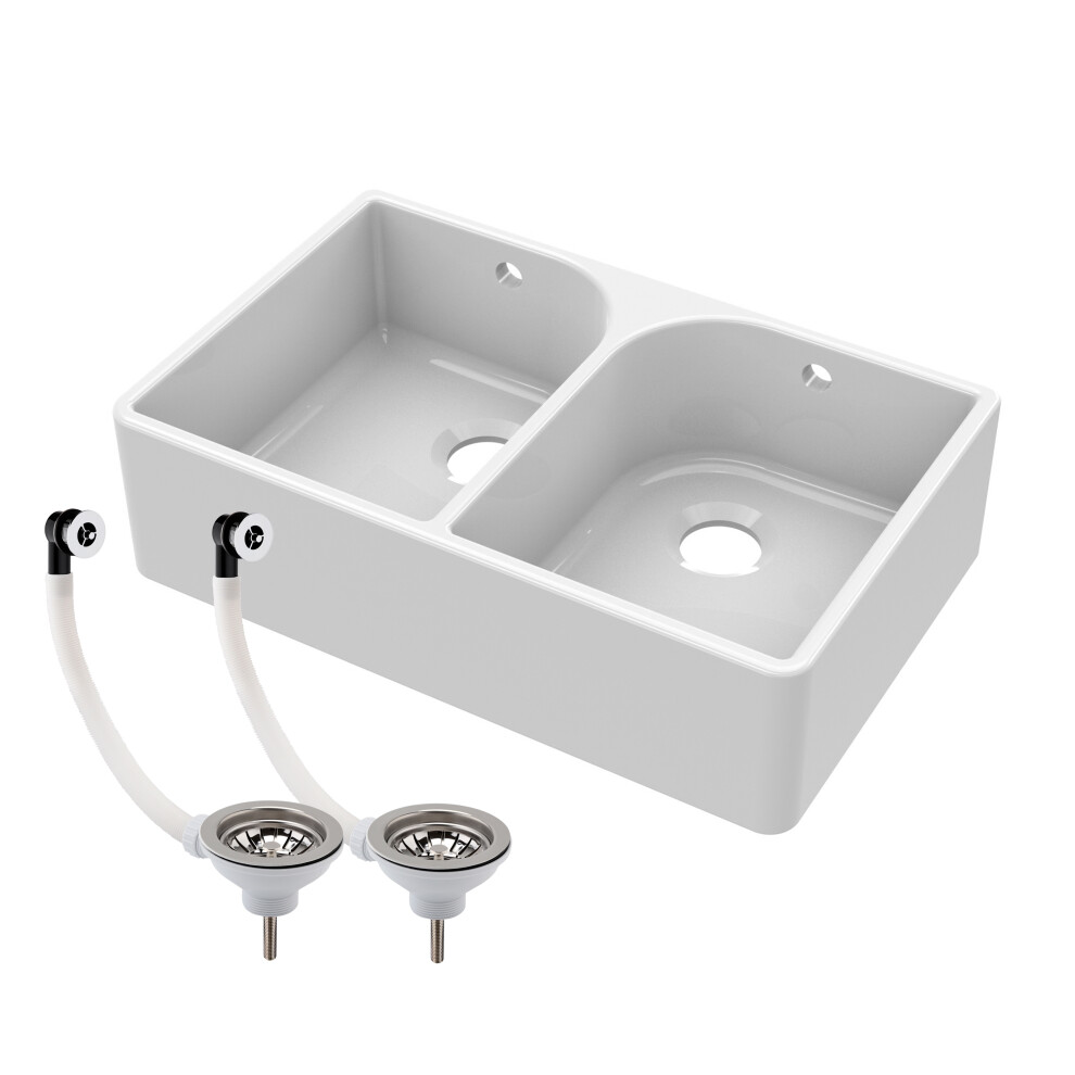 Balterley Double Bowl Fireclay Butler Kitchen Sink, Full Weir, Overflows, Wastes, 795Mm White