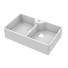895mm - Fireclay 2 Bowl Stepped Weir Butler Kitchen Sink - Tap Ledge & Overflow