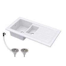 101cm 1.5 Bowl Fireclay Inset Kitchen Sink, Drainer & Compatible Wastes, White