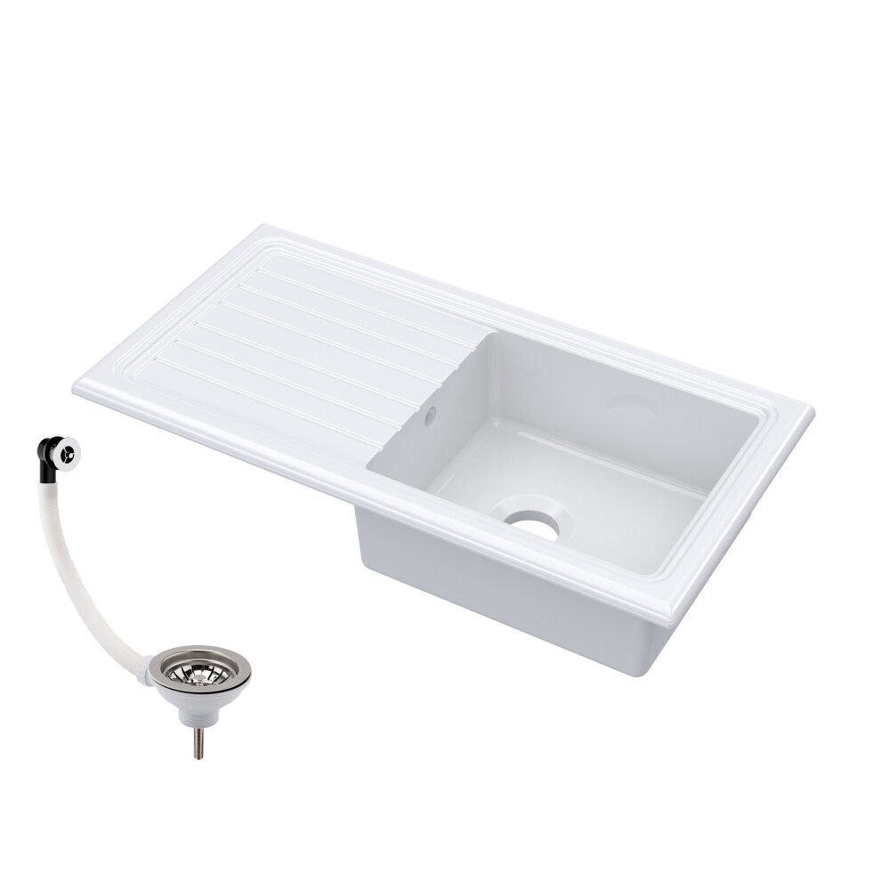 Single Bowl Fireclay Ceramic Inset Kitchen Sink & Drainer with Compatible Waste - 1010mm