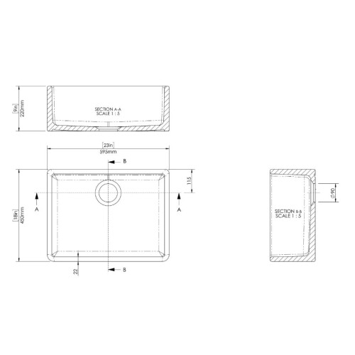 Balterley 595mm - Fireclay Kitchen Single Bowl Butler Sink  - Soft Black 1