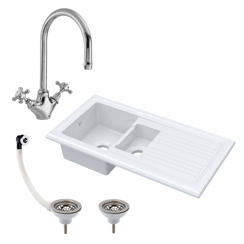 101cm 1.5 Bowl Fireclay Inset Kitchen Sink & Drainer, Mixer Tap & Wastes - White