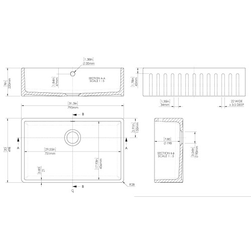 Balterley 795mm - Fireclay Kitchen Single Bowl Fluted Front Butler Sink - with Overflow 1