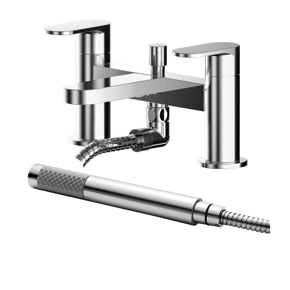 Modern Deck Mount Round Bath Shower Mixer Tap with Shower Kit - Chrome