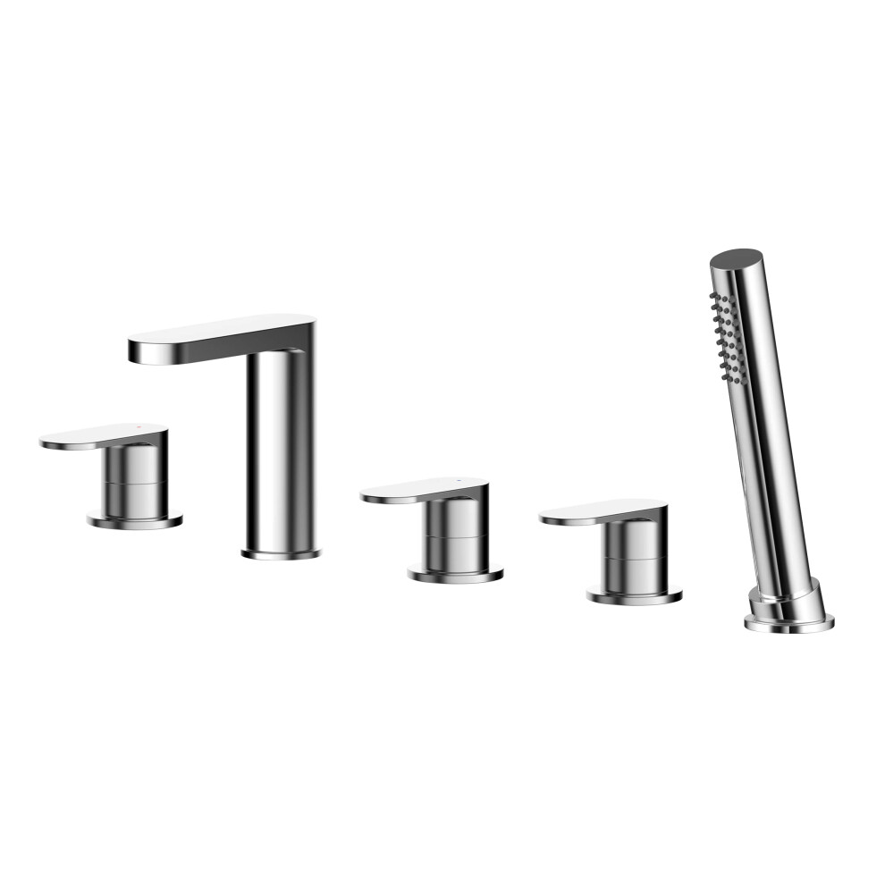 Deck Mounted Round 5 Tap Hole Bath Shower Mixer Tap with Shower Kit - Chrome