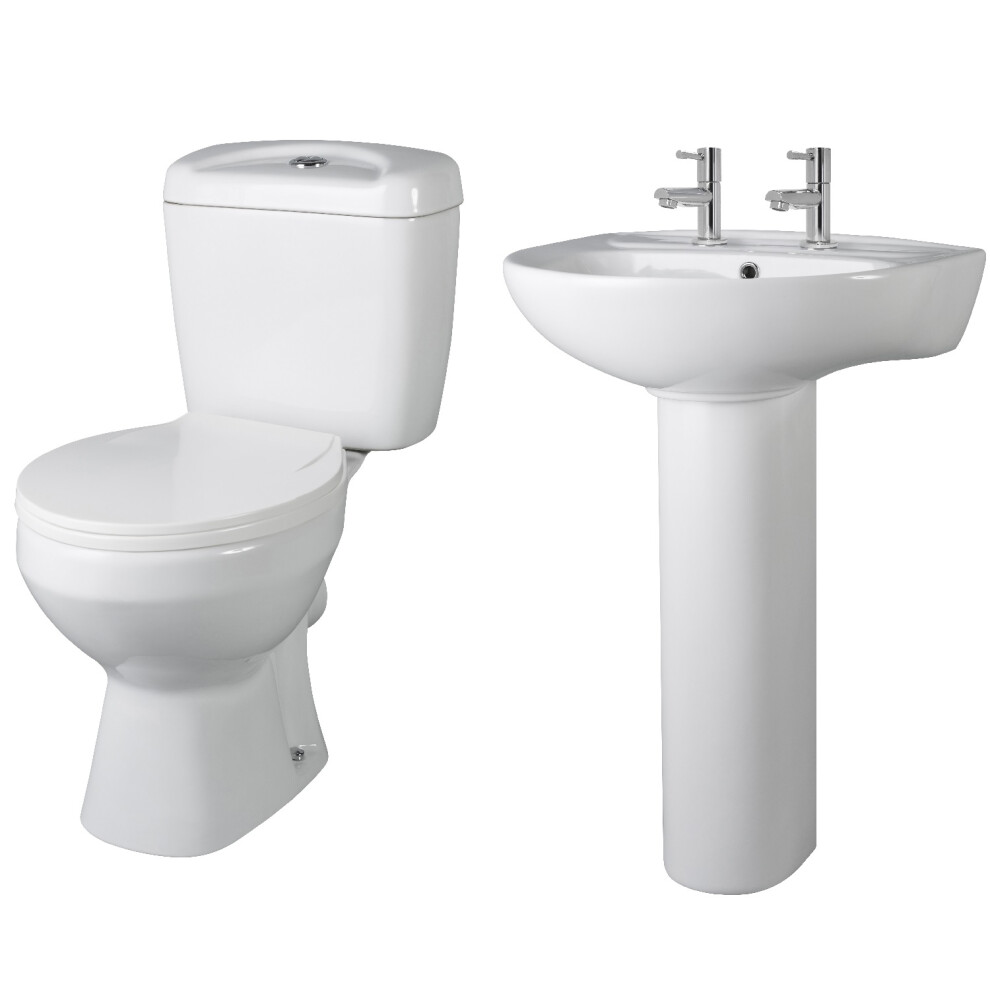 Balterley Adley Round Ceramic Bathroom Bundle With Toilet Pan, Cistern, Seat, 2 Tap Hole 550Mm Basin & Full Pedestal