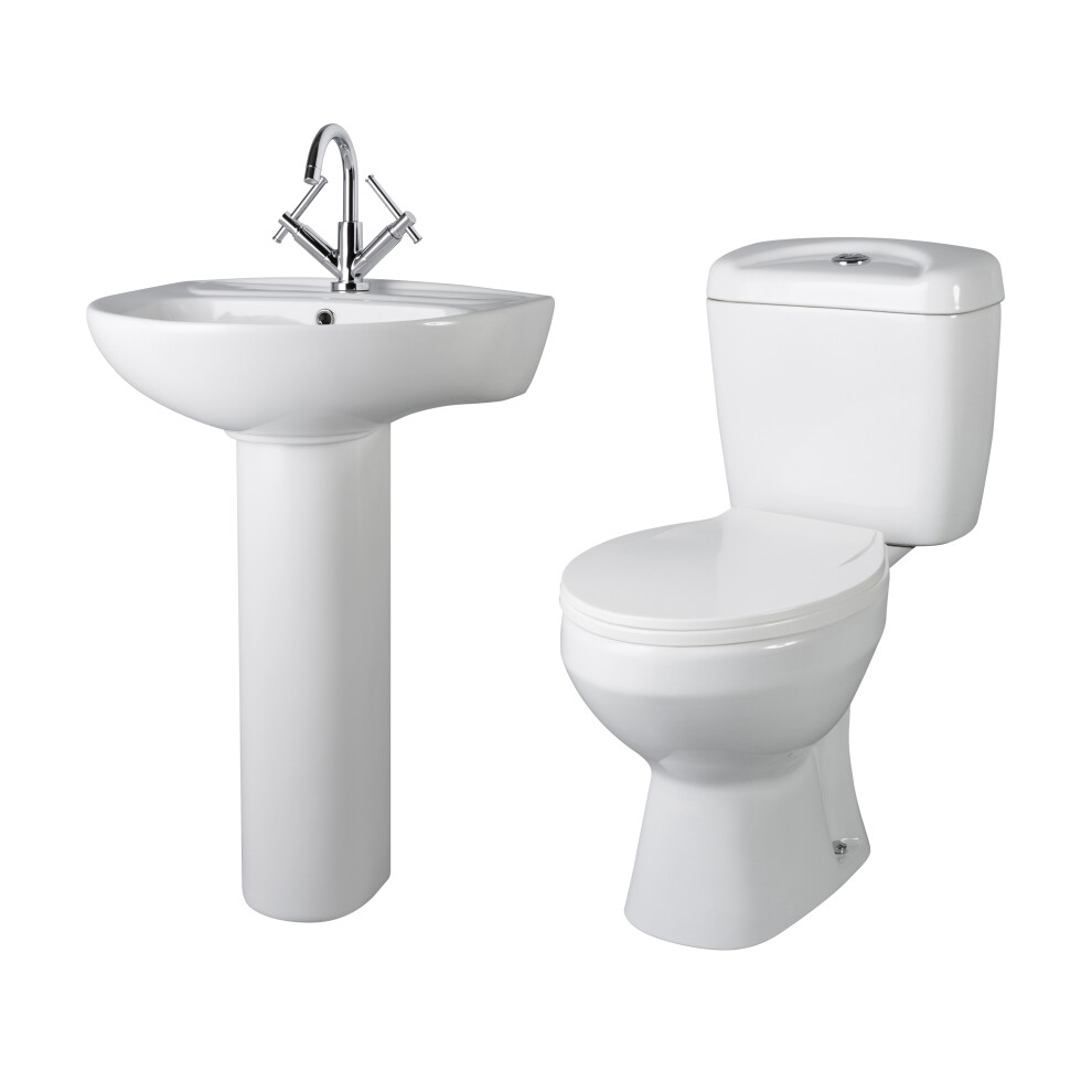 Balterley Adley Round Ceramic Bathroom Bundle With Toilet Pan, Cistern, Seat, 1 Tap Hole 550Mm Basin & Full Pedestal