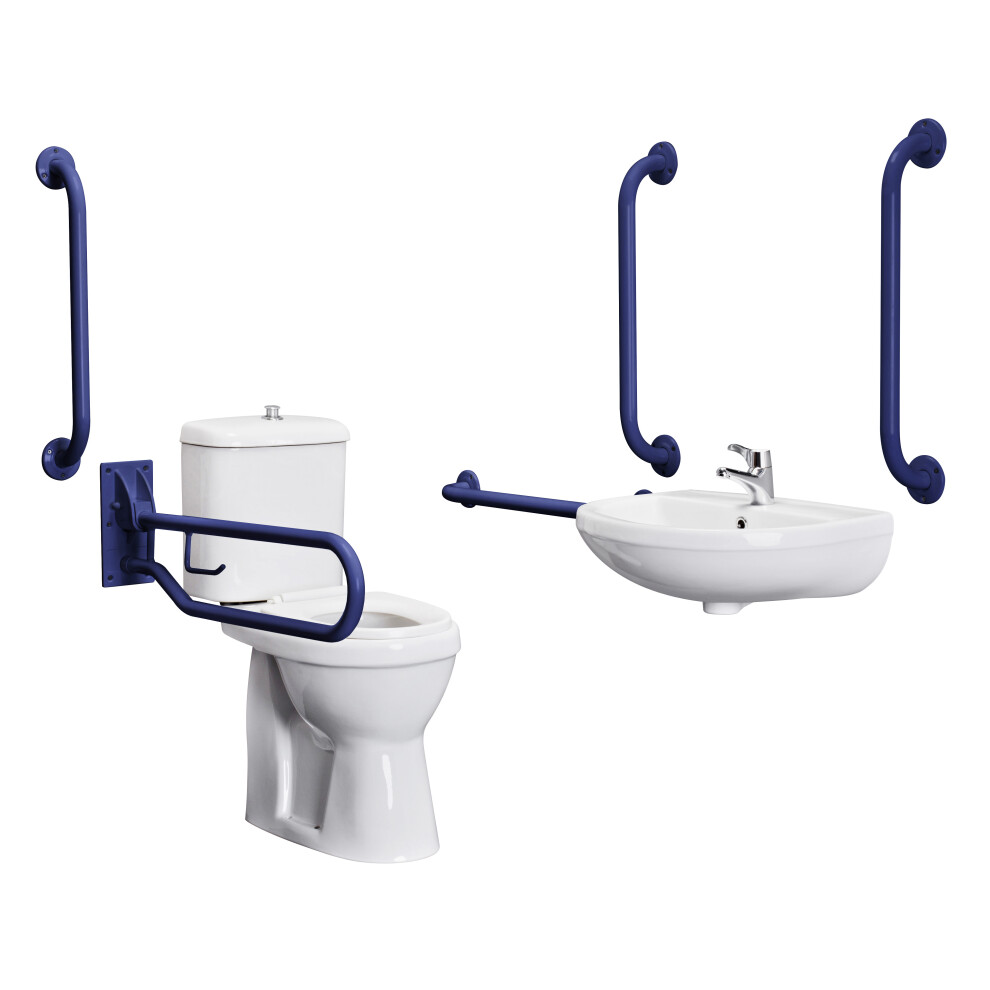 Pack - Comfort Height Pan, Cistern, Toilet Seat, Wall Mount Basin, Tap, 5 Grab Rails & Drop Down Rail - Blue