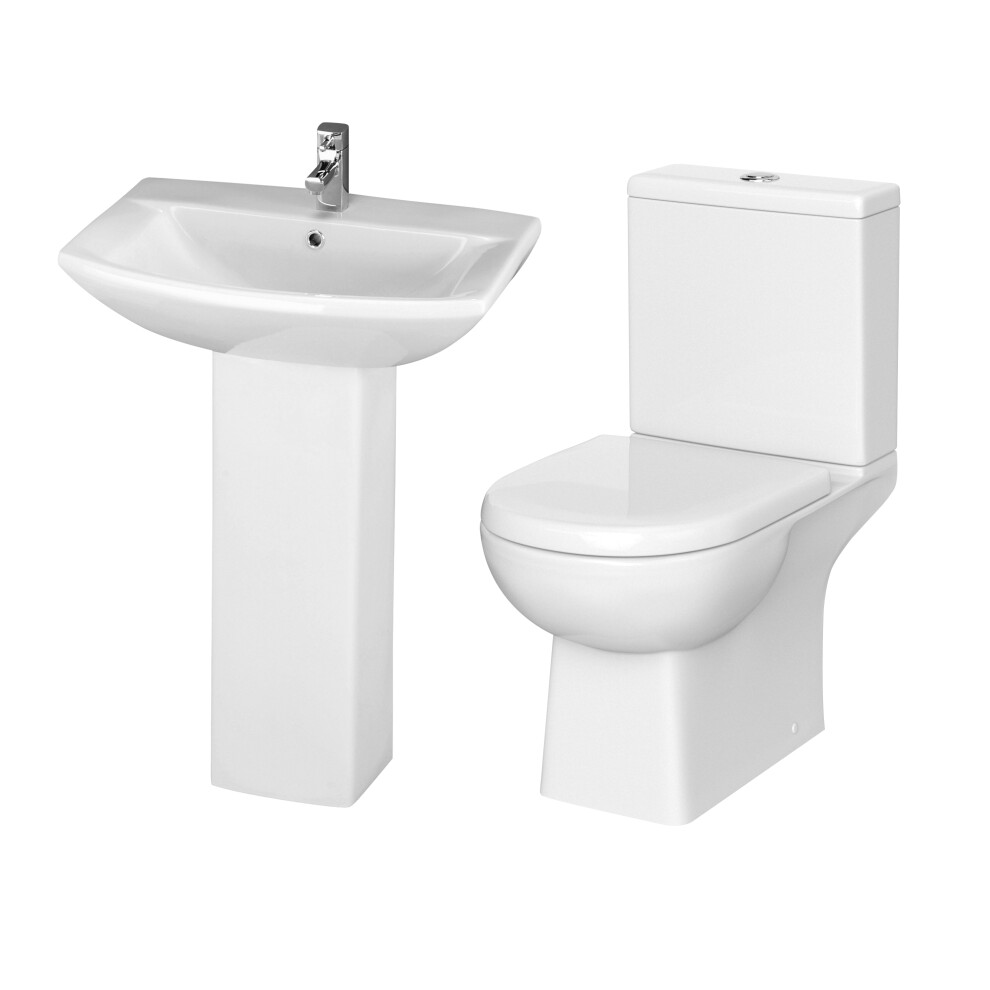 Destin Square Ceramic Set - Includes Close Coupled Toilet Pan, Cistern, Seat, 1 Tap Hole 600mm Basin & Full Pedestal - Balterley