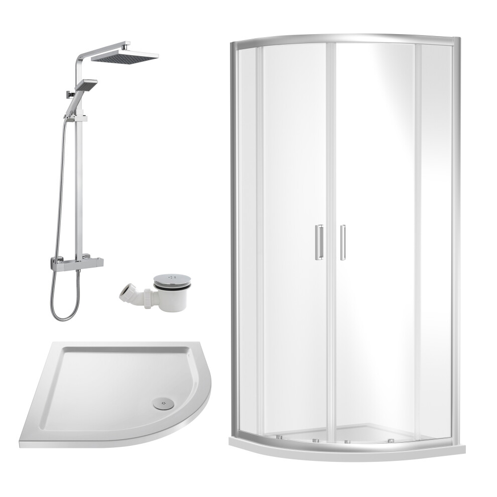 Ruwa Shower Enclosure Bundle With Quadrant Enclosure, Tray, Square Shower Kit & Waste - White/Chrome - 900Mm - Balterley 5056678409176