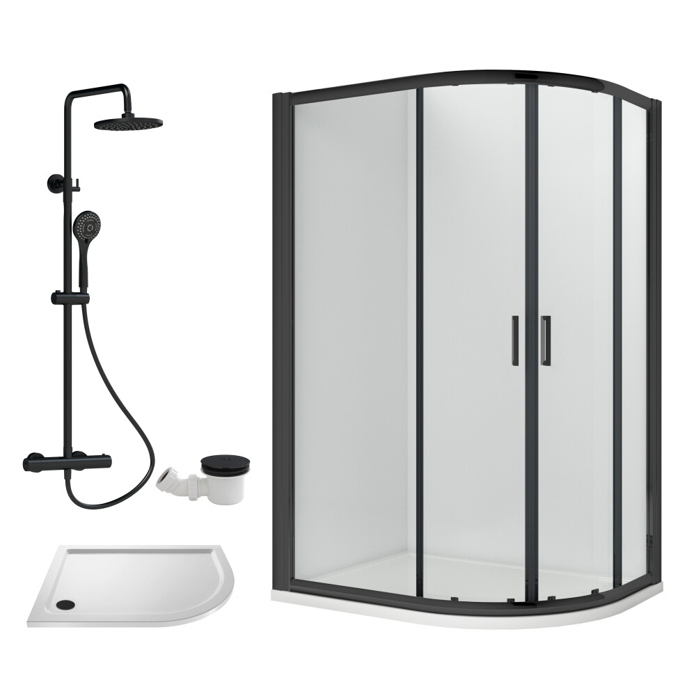Balterley Ruwa Shower Enclosure Bundle - Offset Right Quadrant, Tray, Round Shower & Waste - 1000Mm X 800Mm White/Black