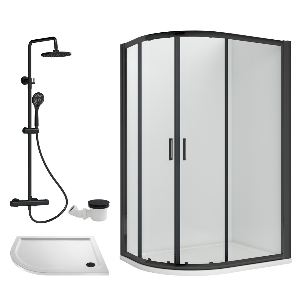 Balterley Ruwa Shower Enclosure Bundle - Offset Left Quadrant, Tray, Round Shower & Waste - 1200Mm X 800Mm White/Black