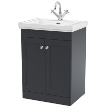 Traditional Floor Standing 2 Door Vanity Unit with 1 Tap Hole Fireclay Basin, 600mm - Soft Black