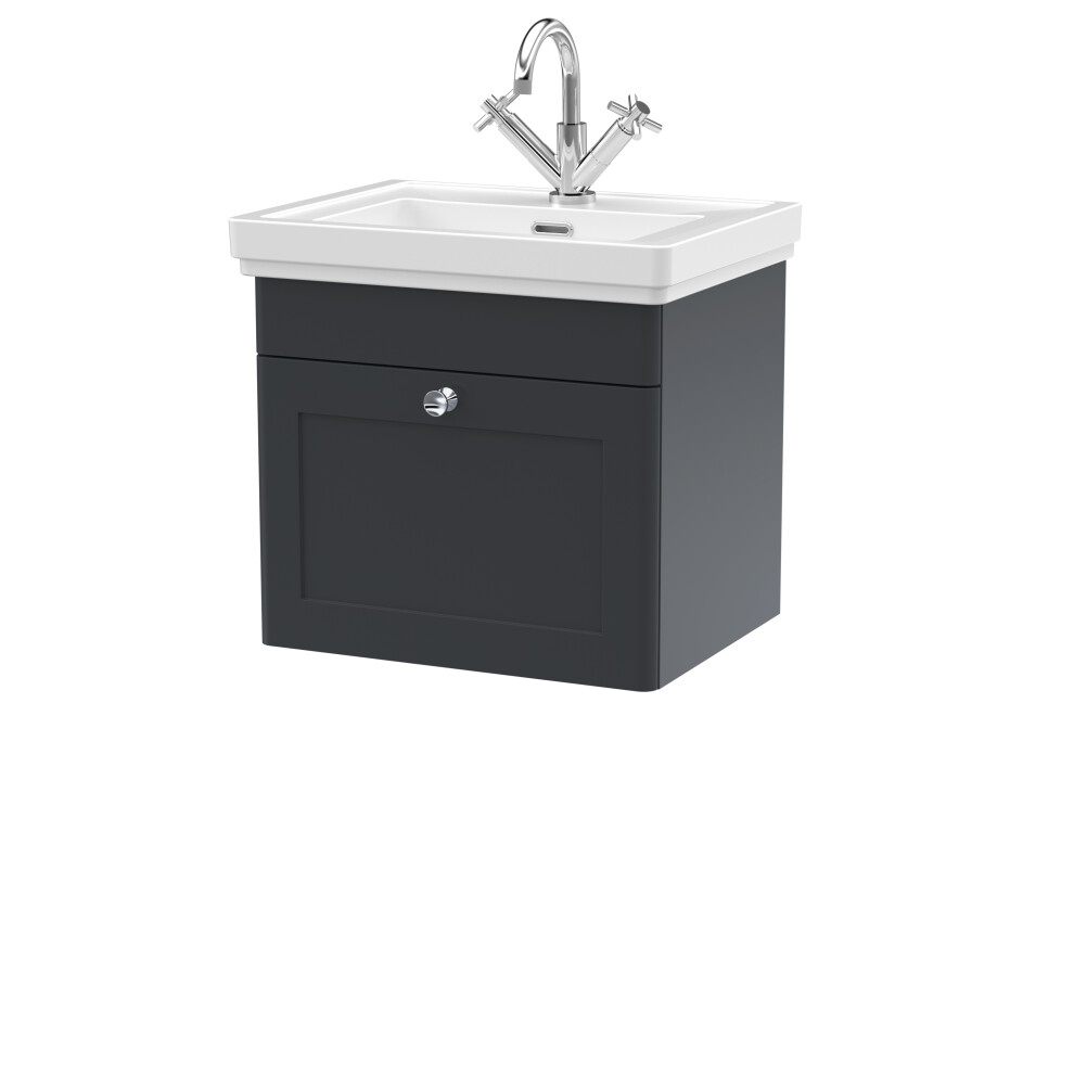Traditional Wall Hung 1 Drawer Vanity Unit with 1 Tap Hole Fireclay Basin, 500mm - Soft Black
